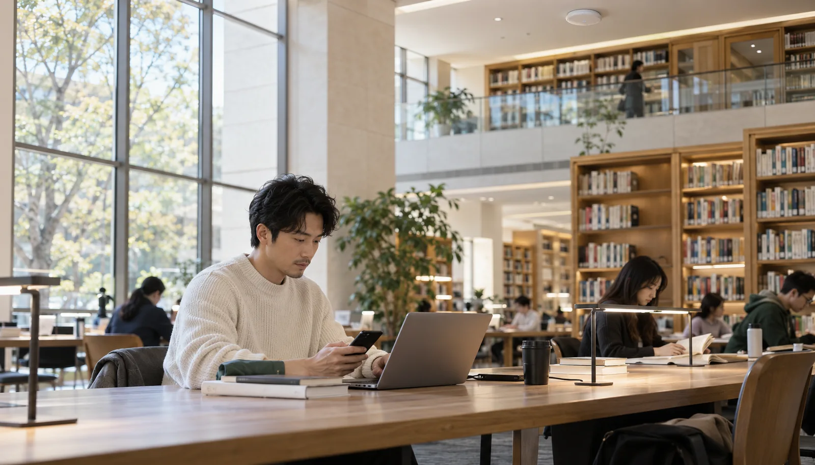 现代图书馆中在公共阅读桌使用笔记本和手机的成年人