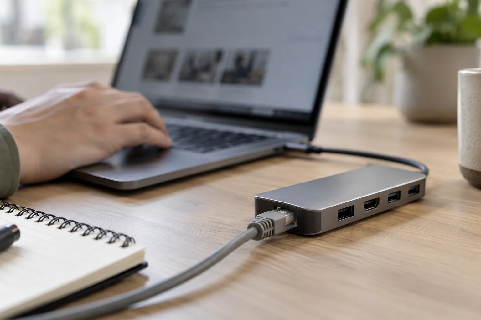 RJ45网线连接USB-C网络扩展坞的近距离画面